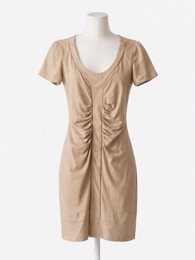 NWT Appleline Tan Turkish Short Sleeve Ruched Mini Elbise Dress Size 42